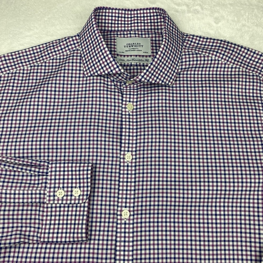 Charles Tyrtwhitt Mens Dress Shirt 17.5-35 Blue/Purple Check  X-Slim Fit No Iron